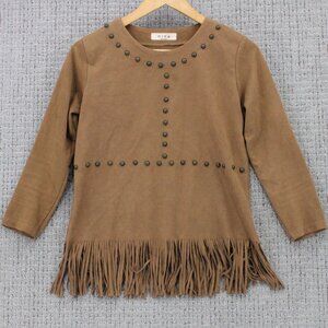 Mina Suede Shirt Top Womens Small S Brown Suede Designer 3/4 Sleeve Pullover